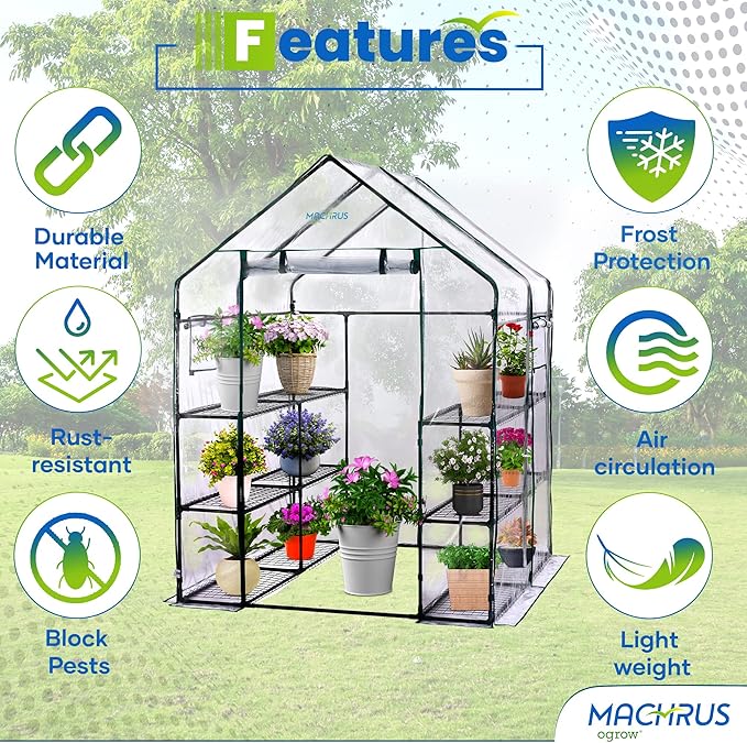 Machrus Ogrow Deluxe Walk-in Greenhouse with 3 Tiers and 12 Shelves - Clear Cover