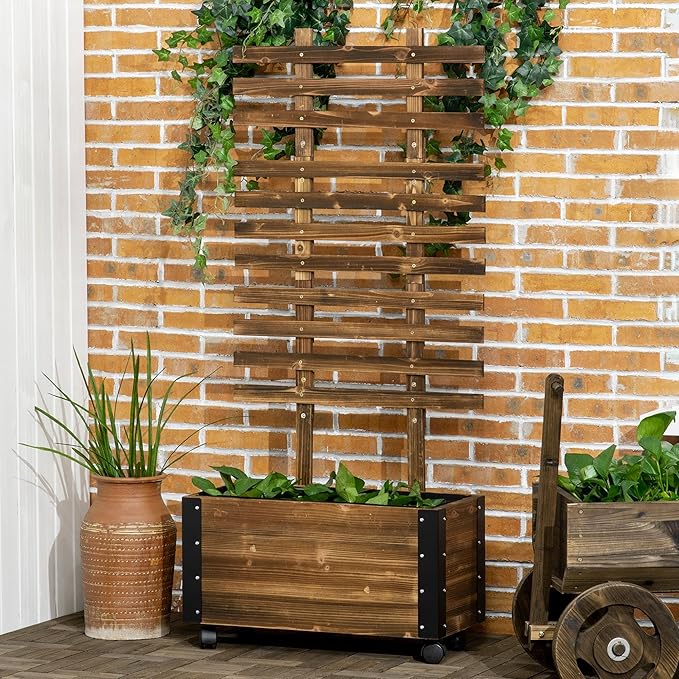 Raised Garden Bed with Trellis 58 Outdoor Wooden Planter Box with Wheels for Vine Plants Flowers Climbing and Planting Brown