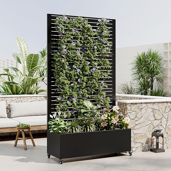 Metal Planter Box with Trellis Privacy Screen Raised Garden Bed with 4 Wheels Privacy Planters for Patio Planter Box with Drainage Holes for Climbing Plants Vegetables (Rectangle)
