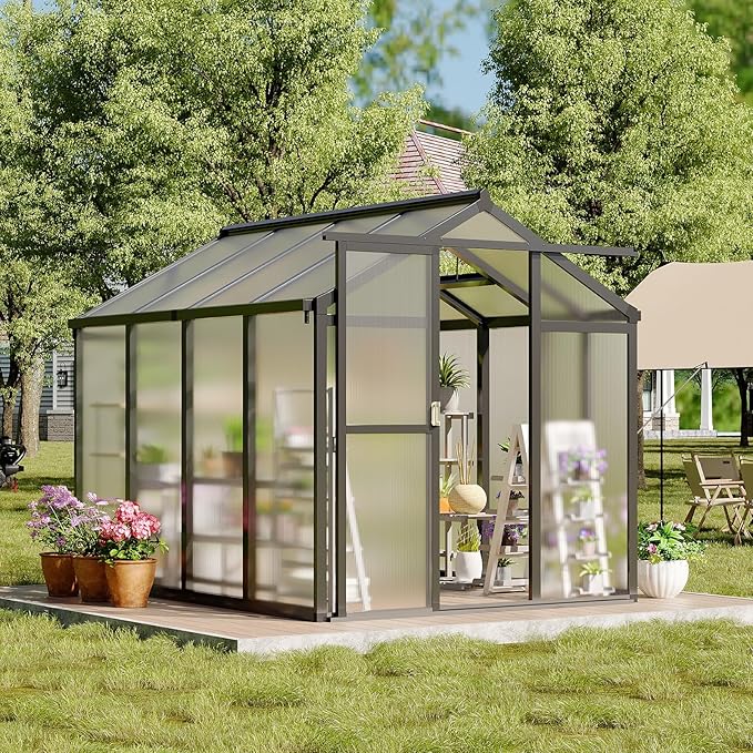 6x8 ft Outdoor Polycarbonate Greenhouse Durable Aluminum Frame with Lockable Door Adjustable Roof Vent Ideal for Backyard Patio or Garden All-Weather Green Houses for Outside Plant Growing