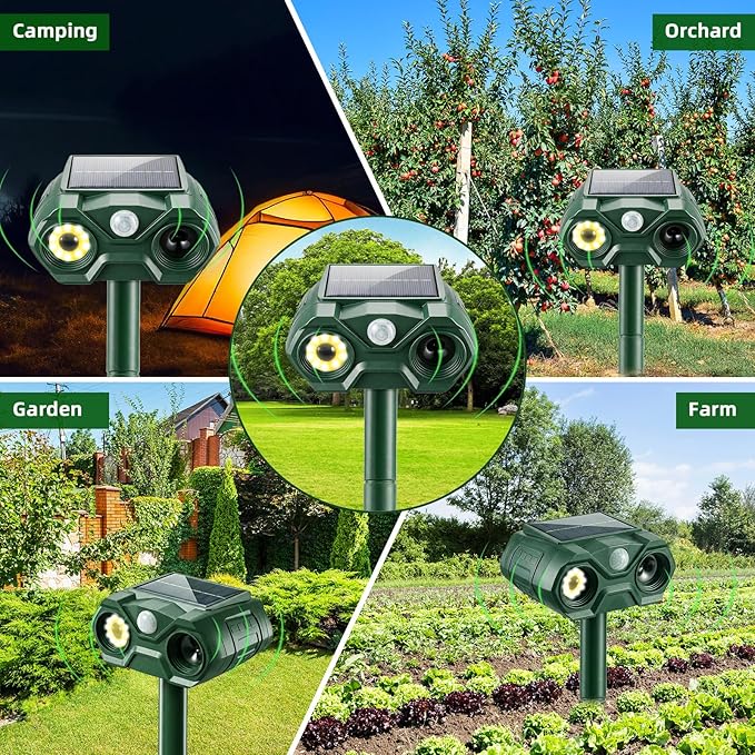 4 Pcs Solar Animal Repellert Outdoor Supplement USB Rechargeable Cat Repeller Outdoor Squirrel Rabbit Fox Adjustable Frequency Deer Repellent Devices with Light and Motion Detection