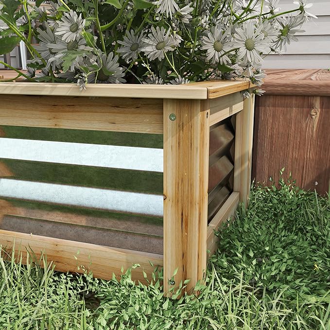 Outsunny Raised Garden Bed Set of 2 Stock Tanks for Growing Flowers Galvanized Metal Reinforced with Wood Planters for Outdoor Plants Herbs and Vegetables