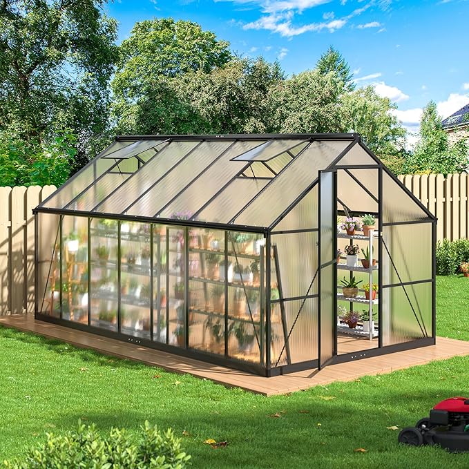 WKM 8x14 FT Quick-fit Aluminum Greenhouse with Window for Ventilation Black