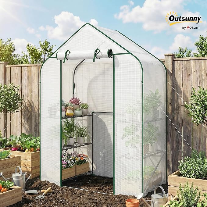 Outsunny 4.7' x 2.3' x 6.2' Small Greenhouse for Outdoors 3 Tiers 6 Shelves Portable Greenhouse with UV-Resistant PE Cover Walk-in Green House with Roll-Up Door White