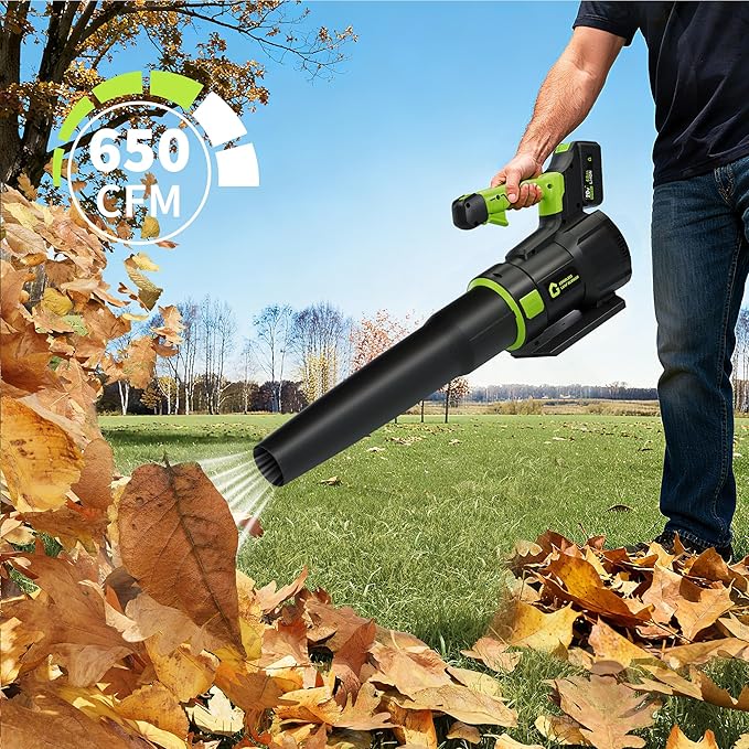 Electric Leaf Blower - 650CFM &amp 200MPH Leaf Blower Cordless with 20V 4.0Ah Battery and Charger Variable Speed Powered Leaf Blowers for Lawn Care Blowing Leaves Dust Snow - Green