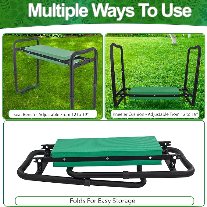 5 STAR SUPER DEALS Adjustable Garden Kneeler &amp Seat with Handles - Heavy-Duty Outdoor Foldable Portable Garden Stool with Thick EVA Foam Pad Multi-Purpose Gardening Bench for Kneeling and Sittin