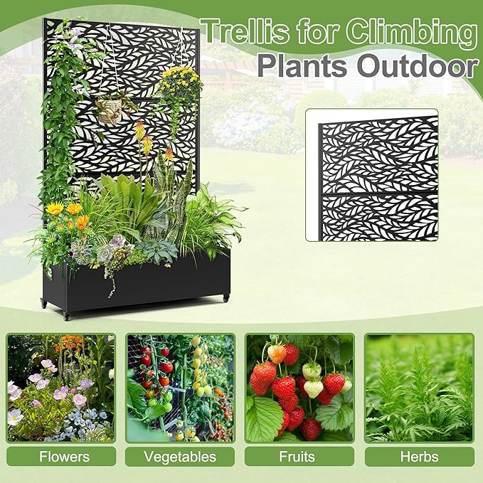 Raised Garden Bed with Trellis and Wheels73x47x16 Metal Raised Garden BedBlack Flowing Leaf Metal Planter with Climbing Trellis for Vines &amp Vegetables