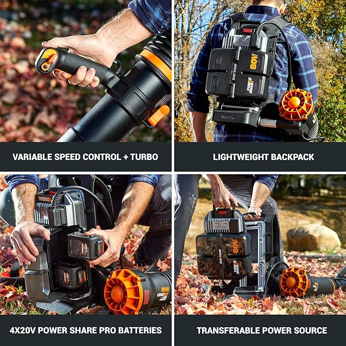 WORX Nitro WG572 80V Cordless Leaf Blower Backpack Blower with 800CFM &amp 150MPH Electric Blower for Lawn Care with Brushless Motor &amp Variable Air Control 4 Batteries &amp Basecamp Charger I