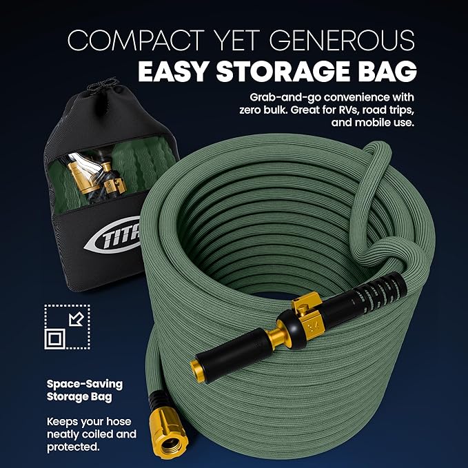 TITAN Flexible Garden Hose 65FT – Ultra Lightweight Heavy Duty Water Hose with Brass Fittings &amp Jet Nozzle – Kink-Free Non-Expanding Durable Fabric Hose for Yard Lawn Car Wash Outdoor Use