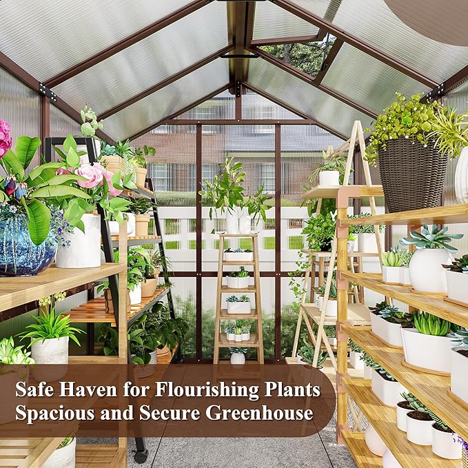 6x8 FT Wooden Greenhouse with Cedar Frame Walk-in Heavy Duty Green House for Outdoors with 6MM Thick Polycarbonate Panel and Adjustable Roof Vents Garden Backyard Patio Lawn Brown