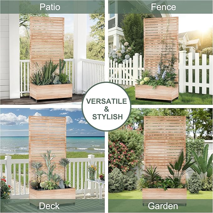 Metal Planter Box with Trellis for Patio Large Raised Garden Beds with Trellis Privacy Planter Box with Wheels Drainage Holes for Climbing Plants (35 L Square White Wood Grain)