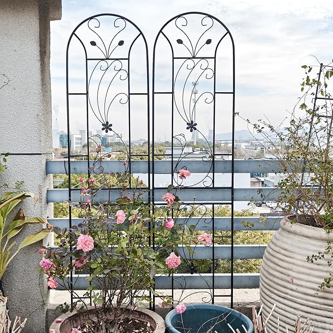 Metal Garden Trellis Rustproof Trellis for Climbing Plants Outdoor Flower Support Peacock Style (Black-2 Pack 86.7x19.7)