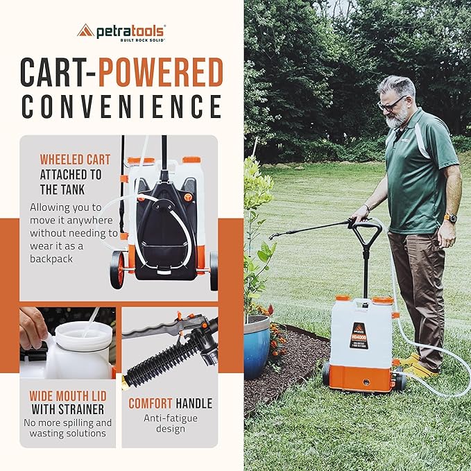 PetraTools Battery Powered Backpack Sprayer 4 Gallon - 6 Hours Long Battery Life &amp Padded Straps for Comfort - HD4000 Electric Backpack Garden Sprayer with 6 Spray Nozzles (HD4000 with Cart)