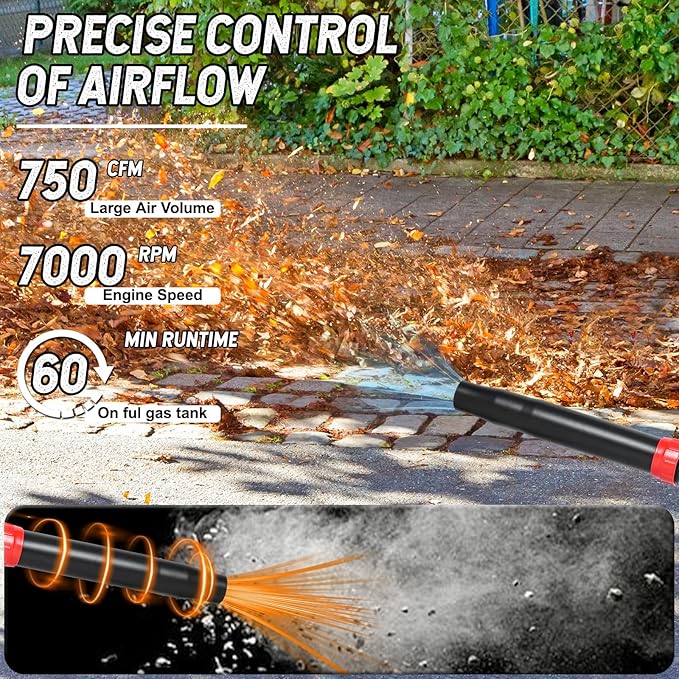 4-Cycle High Power Gas Backpack Leaf Blower5HP - 75.6CC Engine 750CFM Tornado-Like Airflow Adjustable Speed Ergonomic Design for Effortless Leaves Snow and Debris Cleanup
