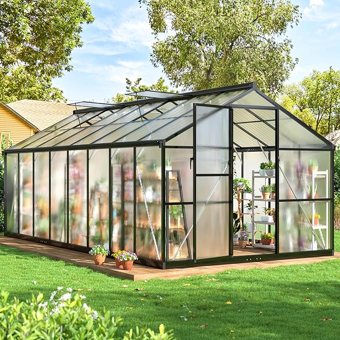 WKM 8x16 FT Greenhouse for Outdoors Polycarbonate Greenhouse with Roof Vent and Quick Setup Structure Aluminum Frame Black