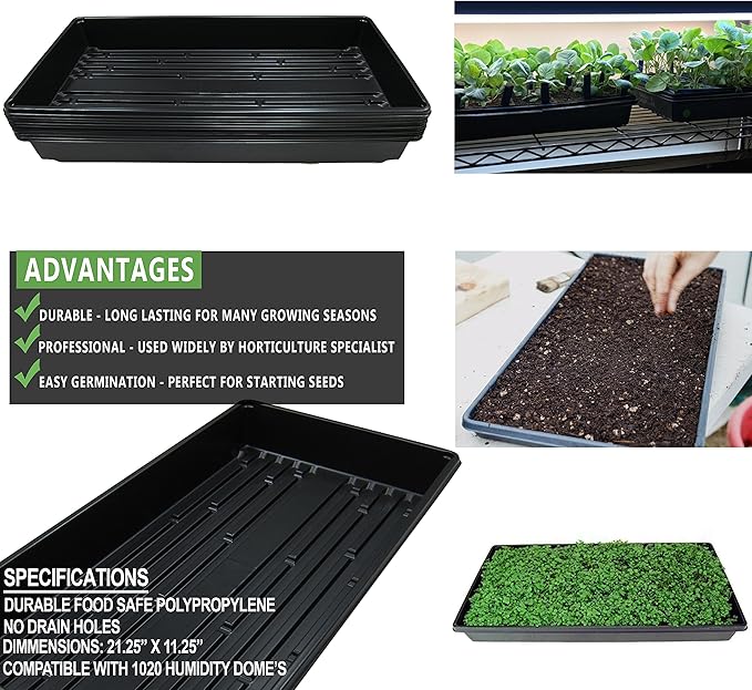 10x20 Inch Black Plastic 50 Pack Plant Propagation Tray – Growing Trays for Garden Planting Seedling Soil &amp Hydroponic Horticulture - Microgreen Trays Grow Plants - No Drain Holes
