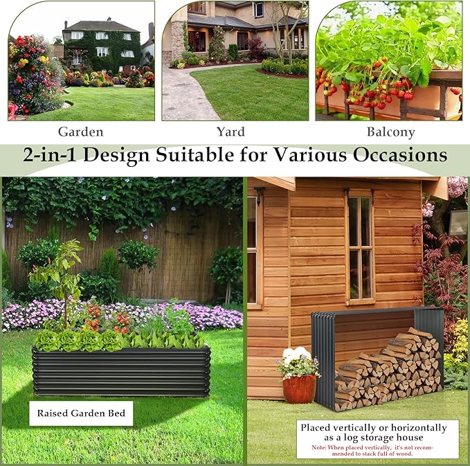 6x1.6x3.6ft Galvanized Raised Garden Bed Dual Use Metal Elevated Planter Box &amp Log Storage Rack Rectangular Planter Bed with Open Bottom Design for Vegetables Flowers (1)