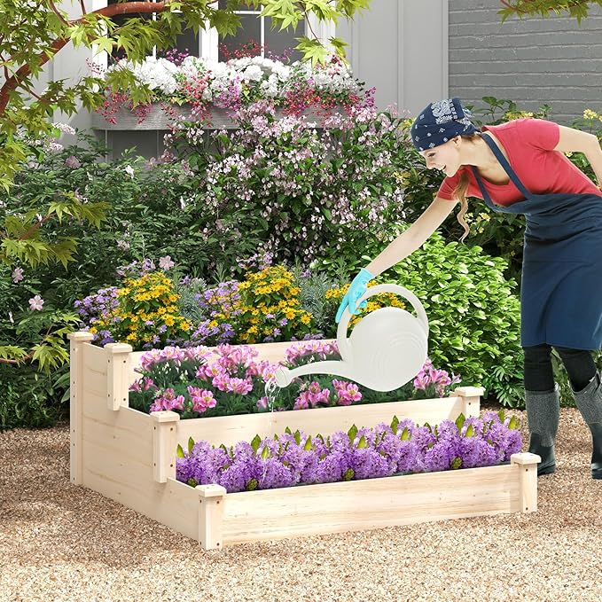 3-Tier Raised Garden Beds Outdoor Fir Wood Raised Garden Bed Planter Box Flower Bed Wooden Planter Kit for Gardening Vegetable &amp Herb