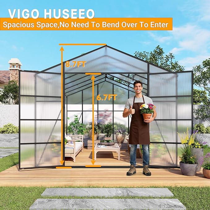 104in High 10x12FT Greenhouse for Outdoors Polycarbonate Greenhouses with Stronger Wind Protection and Roof Vent Walk-in Large Aluminum Winter-Proof Sunroom Black