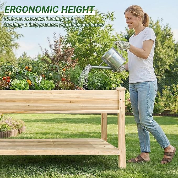 48 x 23 x 31 Inches Raised Garden Bed with Legs Elevated Wooden Planter Box for Outdoor Plants with Water Collection Tray Storage Shelf Protective Liner Natural