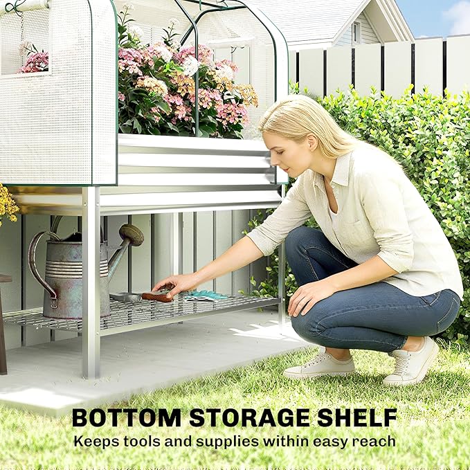 Outsunny Galvanised Raised Garden Bed with Greenhouse Cover Metal Elevated Garden Bed with Legs Bed Liner and Bottom Shelf Outdoor Raised Planter Box for Vegetables Herbs Flowers Silver