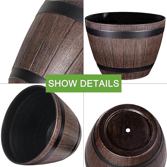 VECELO Plant Pots with Drainage Holes &amp Saucer 13 Inch Flower Pots with Tray 3 Pack Plastic Whiskey Barrel Planters for Indoor &amp Outdoor Garden Home Plants and Flowers