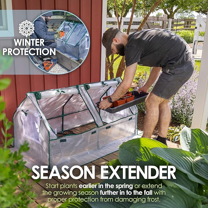 Garden Elements Indoor/Outdoor Metal Frame Plastic Covered Cloche Angled Tunnel Greenhouse with Mesh Vents White Mini 47”