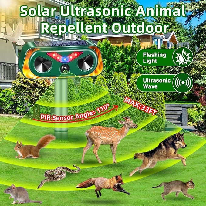 2026 Solar Ultrasonic Animal Repeller Outdoor with Flashing Lights &amp Motion Sensor Animal Deterrent Devices for Deer Cat Squirrel Raccoon Rabbit Fox Skunk Repellent for Yard Garden4 Pack