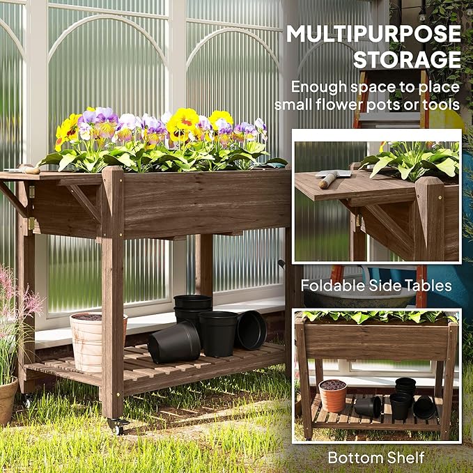 Durable Wood Raised Garden Bed with Lockable Casters Side Platforms Lower Shelf Full Drainage Holes Carbonized Surface