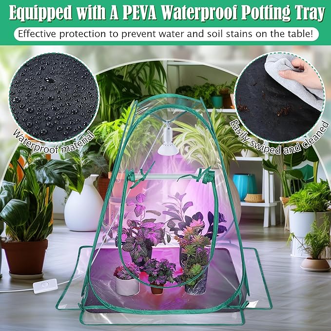 Meonum 1 Pack Mini Greenhouse with 10W 200 LED Grow Light Bulbs for Indoor 27 x 27 x 30 Pop Up Small Greenhouse Cover with Bottom Waterproof Bottom Mat for Indoor Outdoor Plants Seed Starting