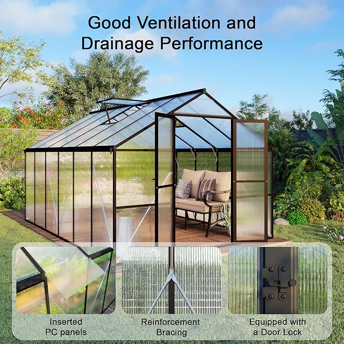 8X12 FT Polycarbonate Greenhouse 6 FT Height Aluminum Large Green Houses for Outside Heavy Duty Quick Setup Walk in Greenhouses with 2 Roof Vent and Rain Gutter for Outdoor Black (143Wx96Dx77H)