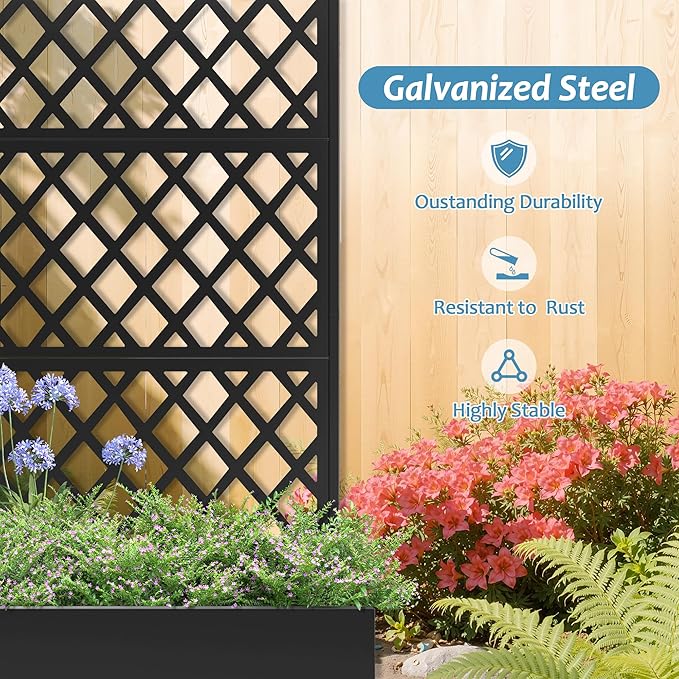 Metal Planter Box with Trellis &amp Wheels Raised Garden Bed with Privacy Screen Outdoor Standing Flower Beds with Drainage Hole for Climbing Plants Vine 35.4 L x 15.7 W x 70.9 H Black