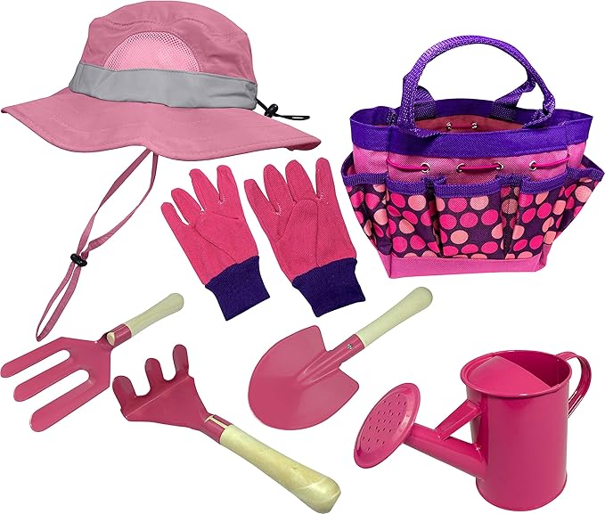 Kids Gardening Tool Set with Matching Sun Hat (Pink)