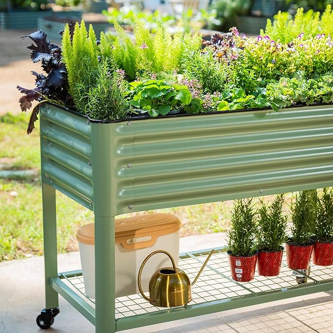 Elevated Raised Garden Bed-V Series 2' x 4' Garden Beds with Legs &amp Storage Rack for Patio Porch 700 Lbs Weight Capacity Outdoor Planter Boxes for Gardening Herbs Vegetables Flowers Olive Gree