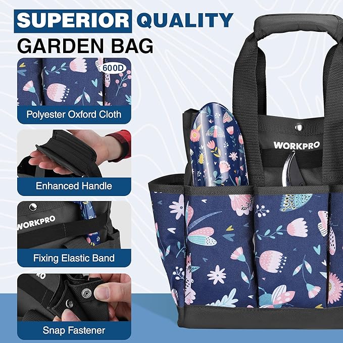 WORKPRO 5PCS Garden Tool Set Aluminum Heavy Duty Gardening Tool Set with Garden Tool Bag Outdoor Garden Hand Tools Blue Insect and Flower