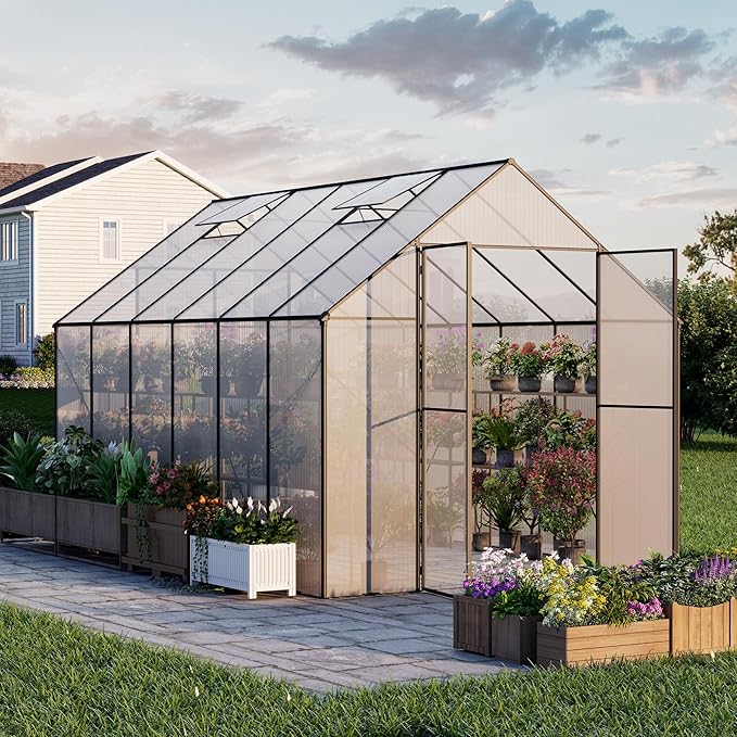 Kingdura 8x12ft Walk-in Greenhouse for Outdoors Large Polycarbonate Greenhouses with Heavy Duty Aluminum Frame Adjustable Roof Vent Lockable Door UV Protection for Outside Garden Backyard