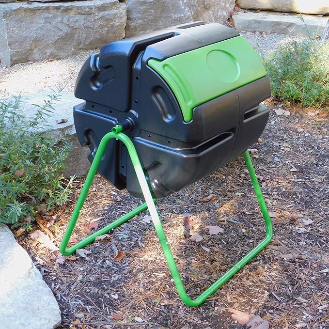 FCMP Outdoor HOTFROG Roto Single Chamber Batch Tumbling Composter - Outdoor Rotating Garden Compost Bin (HF-RM4000) Black &amp Green (37-Gallon)