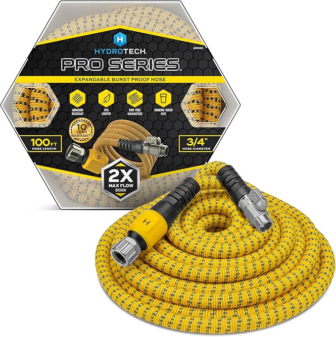 HydroTech 100 ft Expandable Garden Hose - Pro Series 2x Max Flow 3/4 No-Kink Flexibility Lightweight Hose for Lawn Garden Car Washing Deck and Patio Cleaning