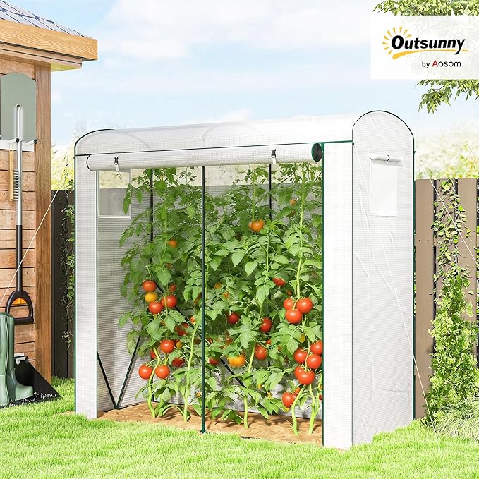 Outsunny Mini Greenhouse Portable Greenhouse with Roll-Up Door and 2 Mesh Windows Small Green House with PE Cover for Garden Patio Lawn 78.7 x 29.5 x 74 White
