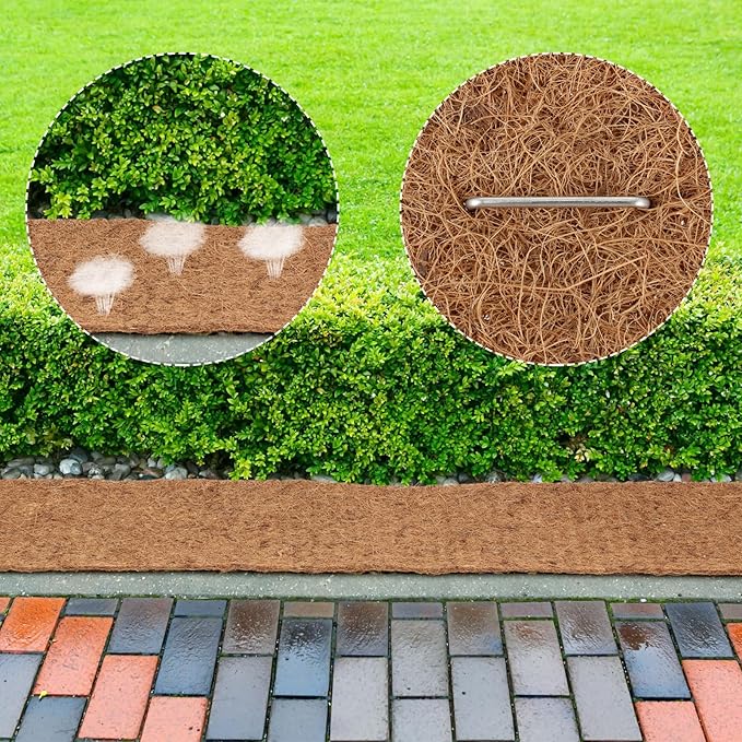 Timgle 2 Pcs 120 x 6.3 Natural Coconut Fiber Liner Mulch Roll Coir Liner Garden Weed Barrier Mat with 30 U-Shaped Steel Stakes for Landscaping Garden Edging Border Planters Vegetables &amp Flow
