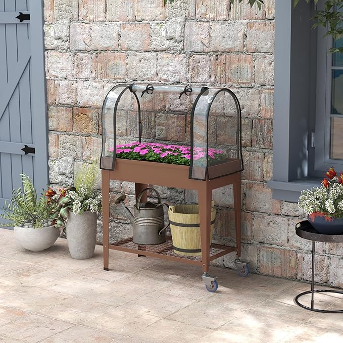 Outsunny Raised Garden Bed with Greenhouse Cover Large Metal Outdoor Elevated Planter Box with Lockable Wheels Storage Shelf and Drainage Hole for Vegetables Flowers Herbs Brown