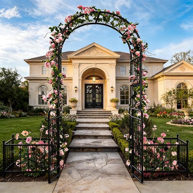 Garden Arbor 80 W x 87 H Metal Garden Arch with Gate and Planter Boxes Wedding Arch Party Decoration for Climbing Plants Outdoor Lawn Patio and Backyard
