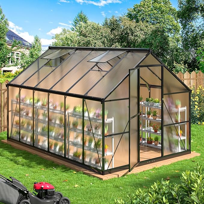 WKM 8x12 FT Greenhouse for Outdoors Quick-fit Structure Polycarbonate Green House with Window for Ventilation Walk-in Aluminum Greenhouse for Outside Garden Backyard Black