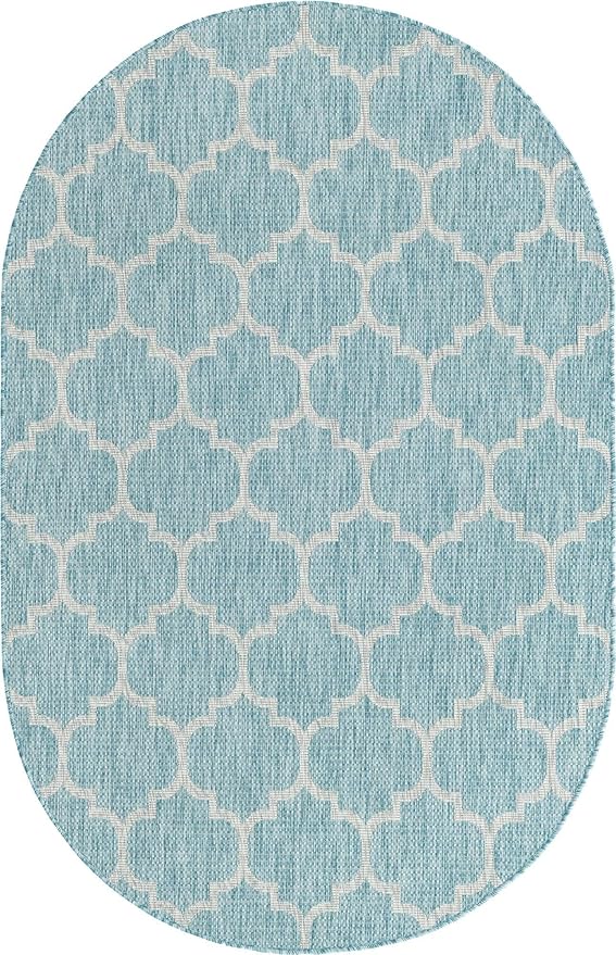 Unique Loom Outdoor Trellis Collection Area Rug (5' 1 x 8' Oval Aquamarine/ Gray)