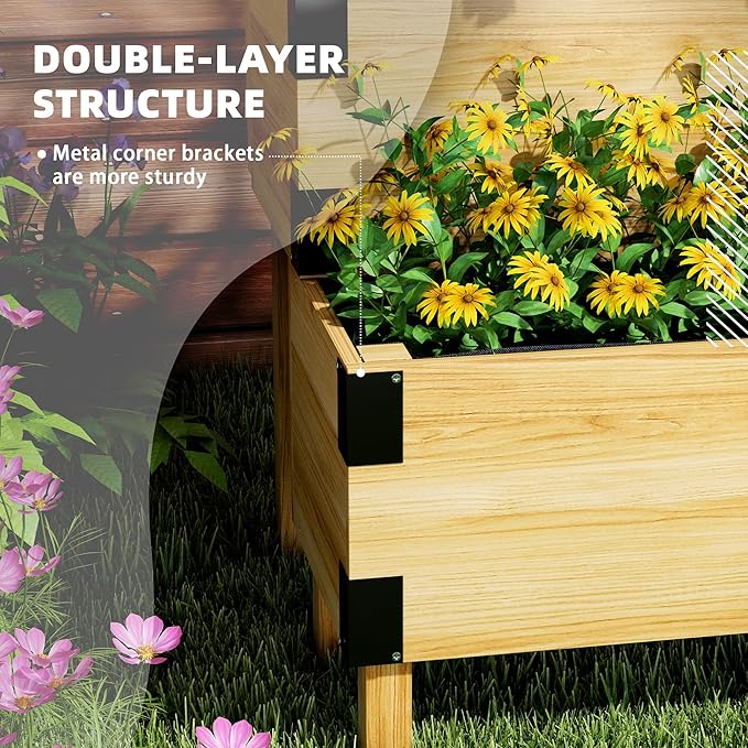 Outsunny Raised Garden Bed with Trellis 2 Tier Wooden Elevated Planter Box with Legs and Metal Corners for Vegetables Flowers Herbs Natural
