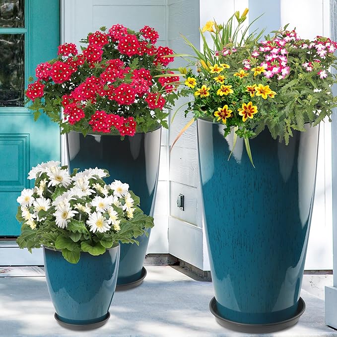 24-21-11 Inch Tall Planters Set of 3 Indoor Outdoor Blue Glossy Round Planter with Drainage Hole and Saucer Large Decorative Plant Pots for Home Garden Porch (Blue)