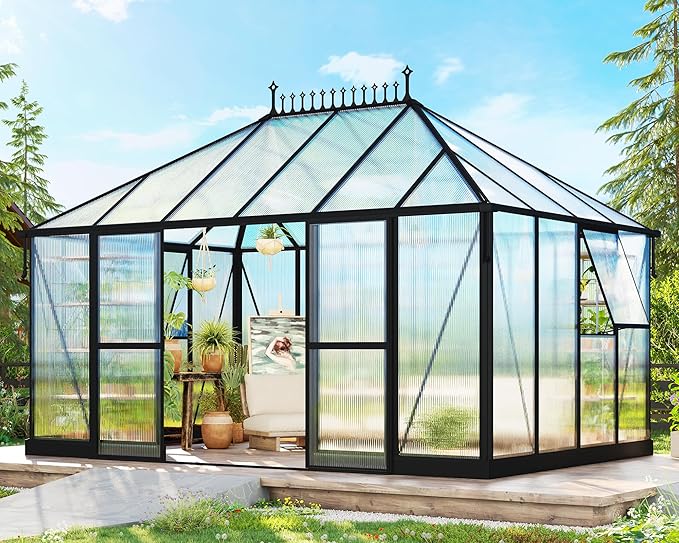 14×9.7×10 FT Greenhouse for Outdoors with 6 ft Double Swing Door &amp 2 Vents Heavy Duty Green House with Aluminum Frame for Outside Patio Backyard Garden