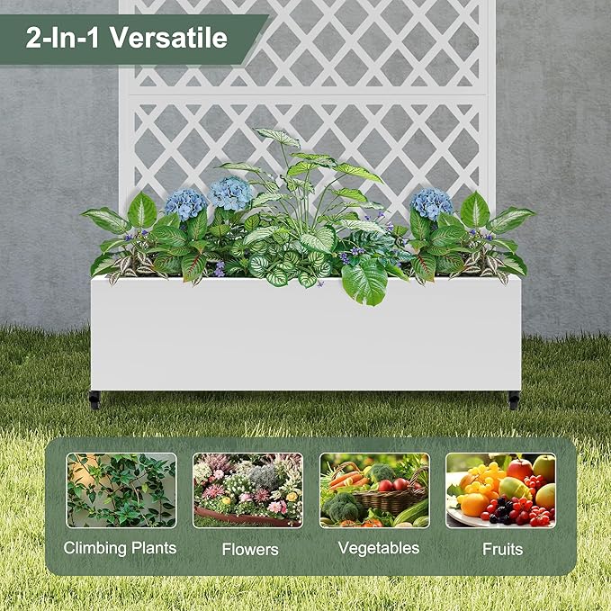 Metal Large Planter Box with Trellis for Climbing Plants Vegetables Raised Garden Bed with Privacy Screen 47L×16W×71H Garden Boxes with Wheels &amp Drainage Hole (White Diamond Lattice)