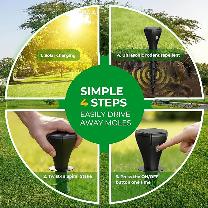 Solar Powered Mole Repellent for Lawns 8 Packs Ultrasonic Vole Repeller Outdoor IP 65 Waterproof Outdoor Ultrasonic Mole Deterrent Get Rid of Gopher Vole Skunk Groundhog Snake in Garden Yard Lawn