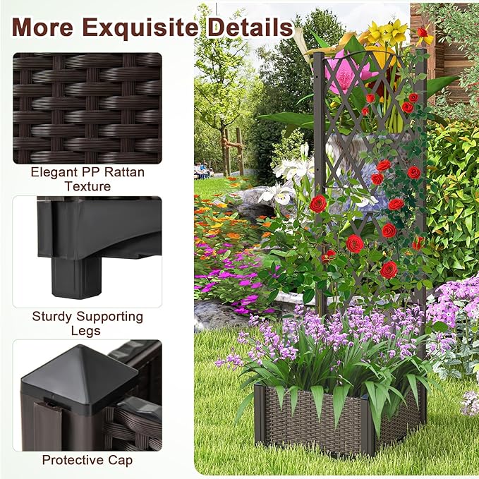 Giantex Raised Garden Bed with Trellis Garden Planter for Vine Climbing Plant Vegetable Herb Flower Outdoor Standing Garden Bed with Drainage Hole for Yard Balcony Entryway 16x16x 48